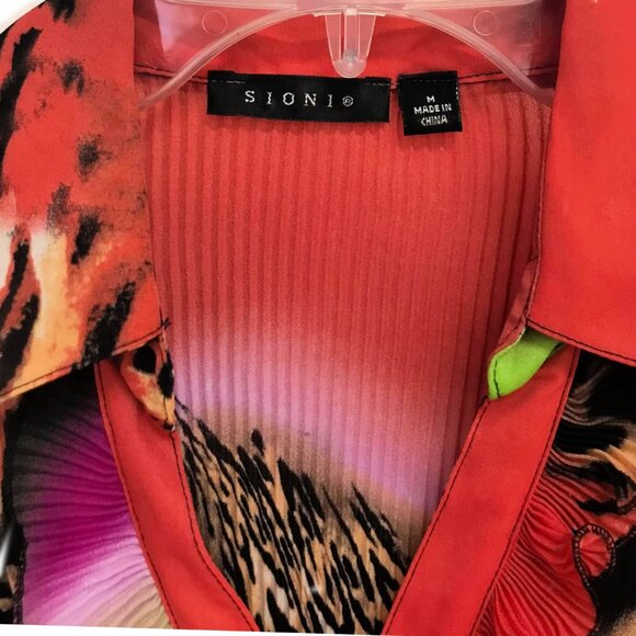 Sioni long-sleeved, ruffled front vibrant, multi-colored leopard blouse top M - Picture 4 of 6